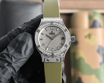 Hublot Lady 33mm Swiss Ronda Quartz Movement Rubber Green Strap Iced Out Watch